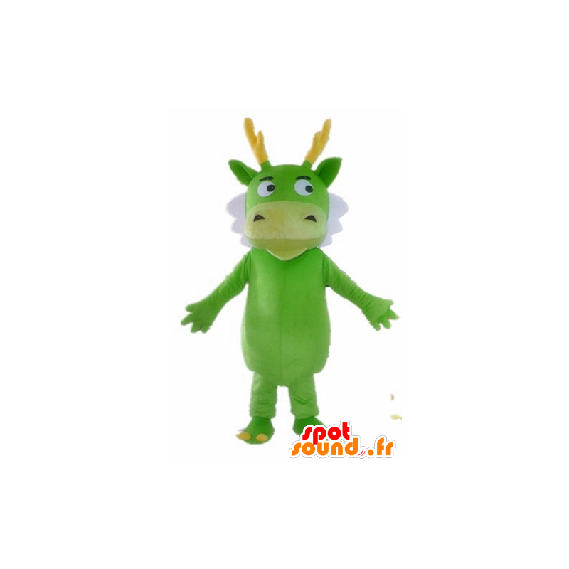 Drago verde mascotte, bianco e giallo, creatura verde - MASFR22849 - Mascotte drago