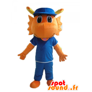 Dinosaur Maskottchen, orange Drache, gekleidet in blau - MASFR22859 - Maskottchen-Dinosaurier