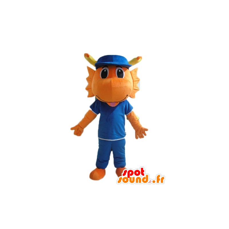 Dinosaur mascot, orange dragon, dressed in blue - MASFR22859 - Mascots dinosaur