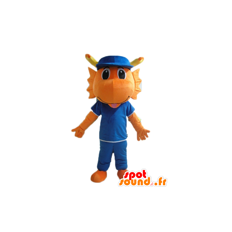 Mascote do dinossauro, dragão alaranjado, vestida de azul - MASFR22859 - Mascot Dinosaur
