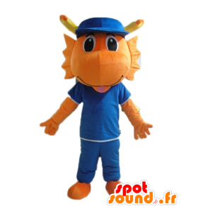 Dinosaur maskot, oranžový drak, oblečený v modré barvě - MASFR22859 - Dinosaur Maskot