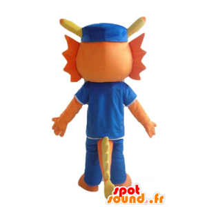 Dinosaur maskot, oransje drage, kledd i blått - MASFR22859 - Dinosaur Mascot