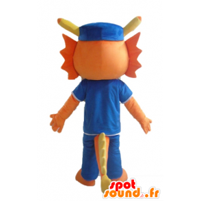 Mascote do dinossauro, dragão alaranjado, vestida de azul - MASFR22859 - Mascot Dinosaur