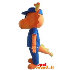 Dinosaur maskot, oransje drage, kledd i blått - MASFR22859 - Dinosaur Mascot