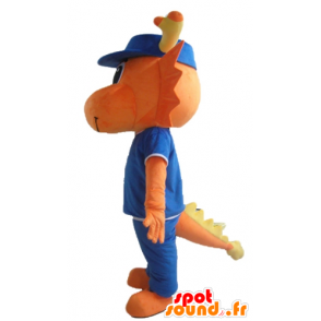 Dinosaur maskot, oransje drage, kledd i blått - MASFR22859 - Dinosaur Mascot