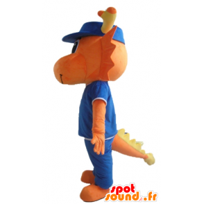 Dinozaur maskotka, pomarańczowy smok, ubrany w niebieski - MASFR22859 - dinozaur Mascot