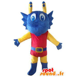 Mascote dragão cavaleiro azul, amarelo e vermelho vestido - MASFR22860 - mascotes cavalo