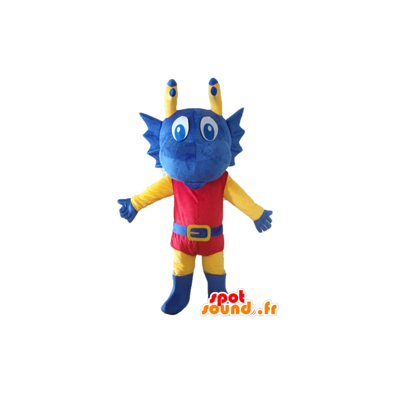 Blue dragon mascot, dressed in yellow and red knight - MASFR22860 - Mascots horse