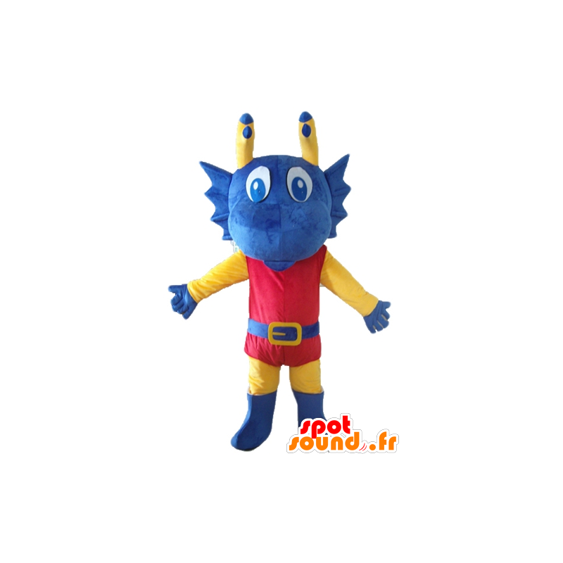 Mascot draak blauwe, gele en rode ridder gekleed - MASFR22860 - Horse mascottes