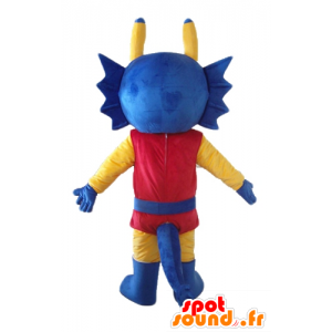 Mascot draak blauwe, gele en rode ridder gekleed - MASFR22860 - Horse mascottes