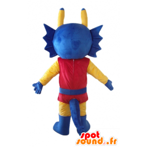 Mascotte de dragon bleu, jaune et rouge habillé en chevalier - MASFR22860 - Mascottes Cheval