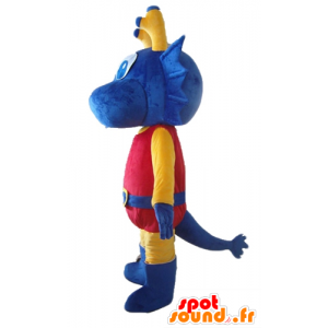 Mascot draak blauwe, gele en rode ridder gekleed - MASFR22860 - Horse mascottes