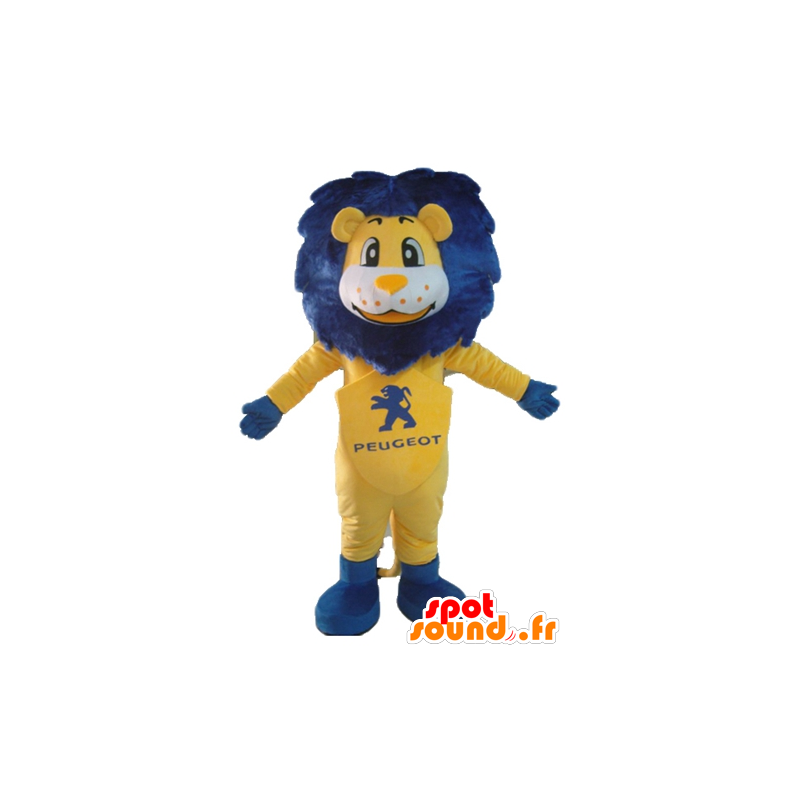 Bianco e giallo mascotte leone, con una criniera blu - MASFR22861 - Mascotte Leone