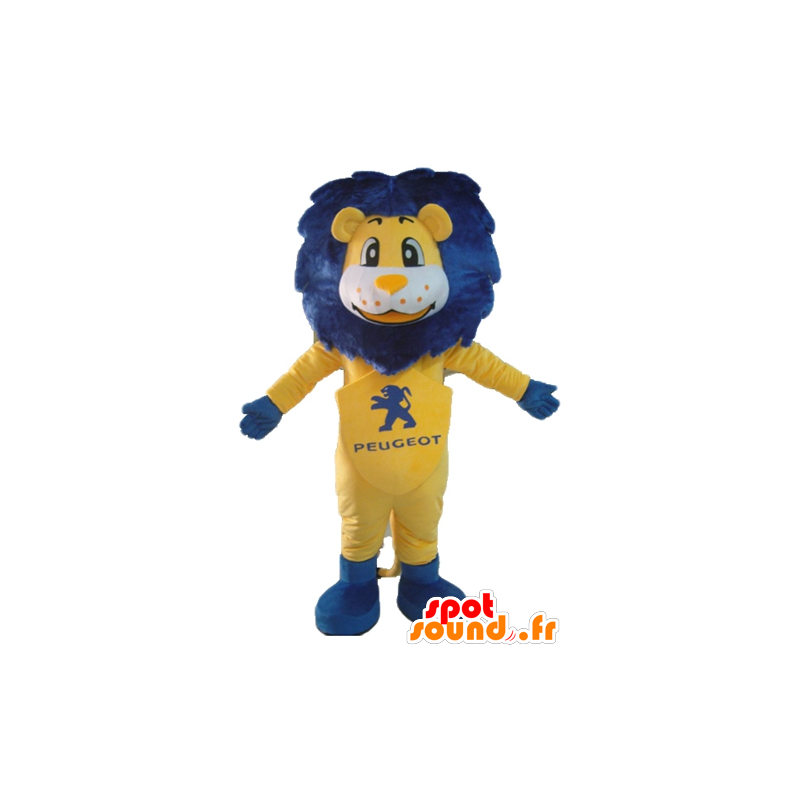 Branco e amarelo mascote do leão, com uma juba azul - MASFR22861 - Mascotes leão