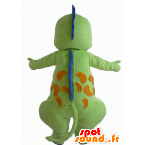 Drago verde mascotte, blu e arancio, sorridente - MASFR22864 - Mascotte drago