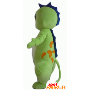 Drago verde mascotte, blu e arancio, sorridente - MASFR22864 - Mascotte drago