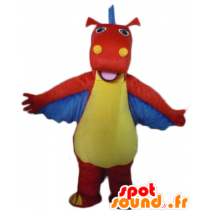 Draak mascotte, rood dinosaurus, geel en blauw - MASFR22866 - Dinosaur Mascot