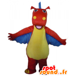 Dragon maskotti, punainen dinosaurus, keltainen ja sininen - MASFR22866 - Dinosaur Mascot