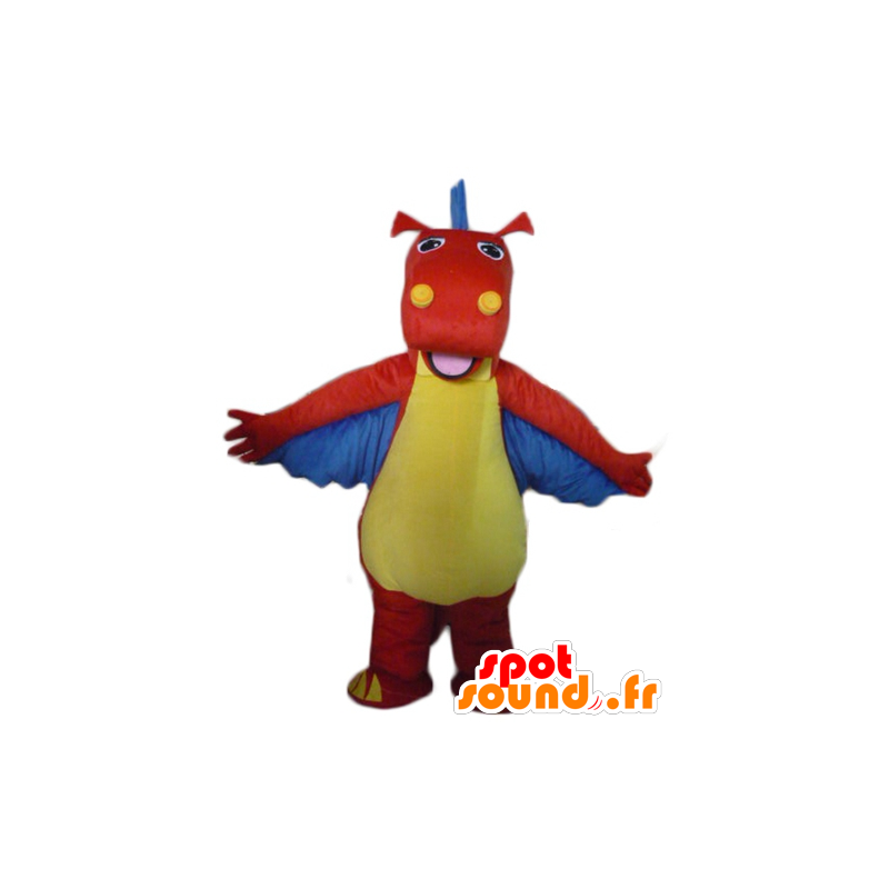 Draak mascotte, rood dinosaurus, geel en blauw - MASFR22866 - Dinosaur Mascot