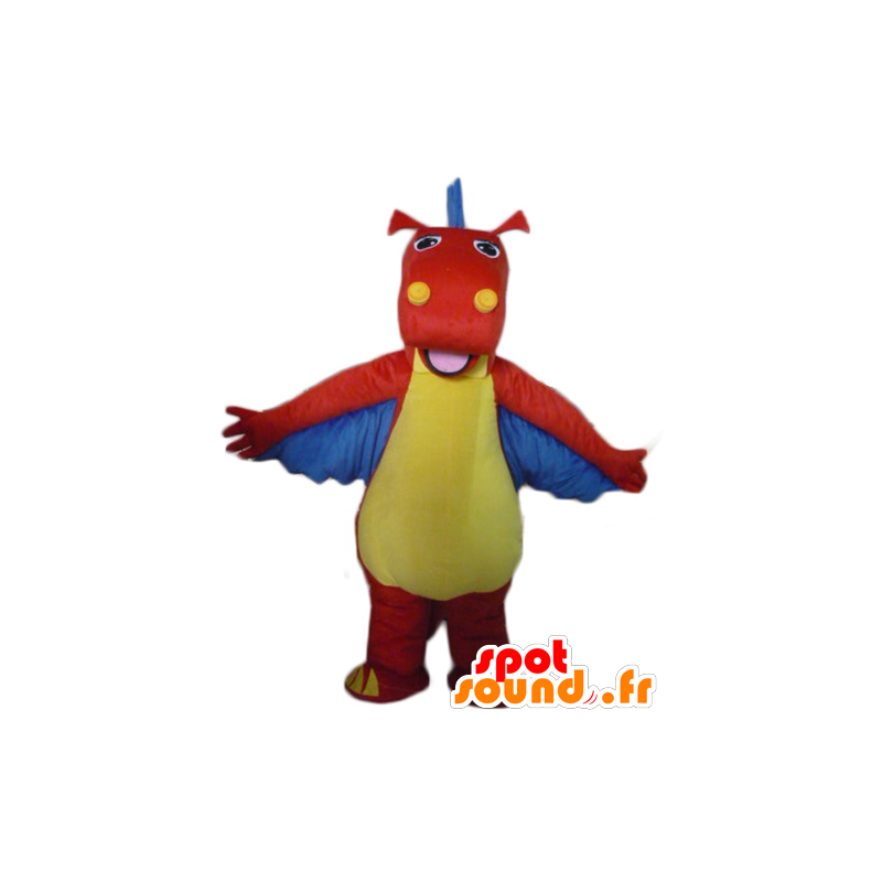 Dragão mascote, dinossauro vermelho, amarelo e azul - MASFR22866 - Mascot Dinosaur
