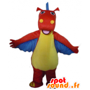 Dragon mascot, red dinosaur, yellow and blue - MASFR22866 - Mascots dinosaur