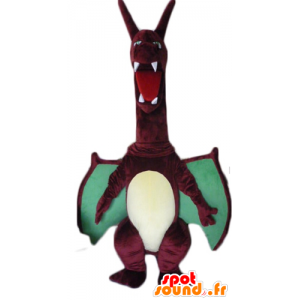 Mascotte de grand dragon rouge et vert, avec de grandes ailes - MASFR22869 - Mascotte de dragon