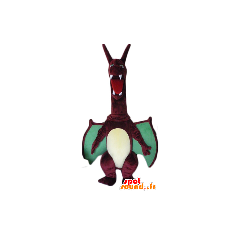 Mascotte de grand dragon rouge et vert, avec de grandes ailes - MASFR22869 - Mascotte de dragon