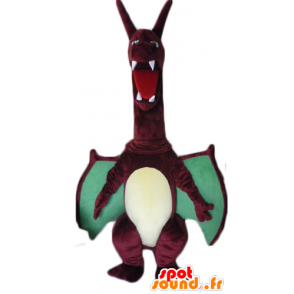 Mascotte de grand dragon rouge et vert, avec de grandes ailes - MASFR22869 - Mascotte de dragon