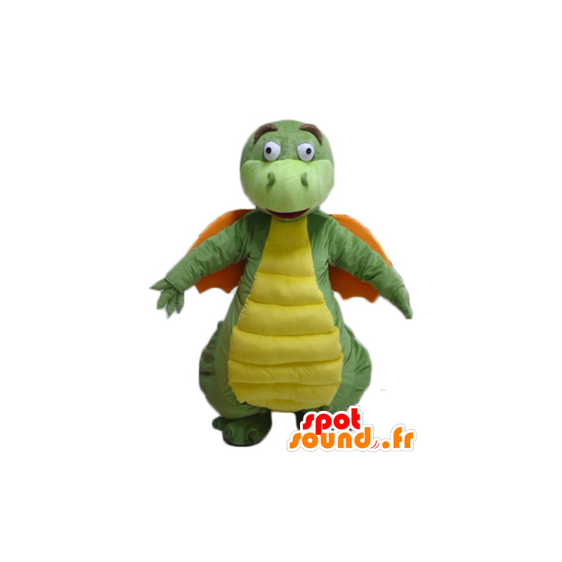 Drago verde mascotte, giallo e arancione a guardare divertente - MASFR22871 - Mascotte drago