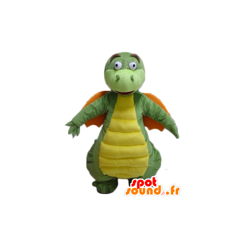 Mascotte de dragon vert, jaune et orange, à l'air drôle - MASFR22871 - Mascotte de dragon