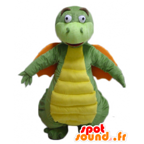 Mascotte de dragon vert, jaune et orange, à l'air drôle - MASFR22871 - Mascotte de dragon
