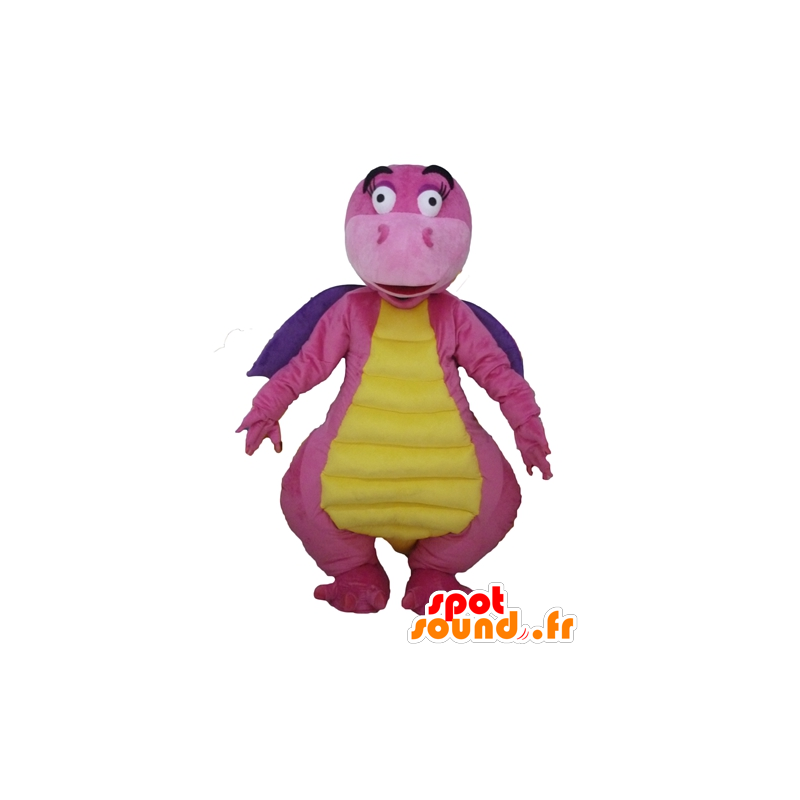 Pink dragon mascot, purple and yellow, attractive and colorful - MASFR22872 - Dragon mascot