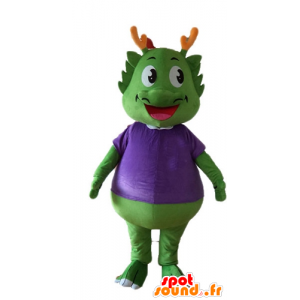 Dinosauro verde mascotte, vestita di viola, molto caldo - MASFR22883 - Dinosauro mascotte