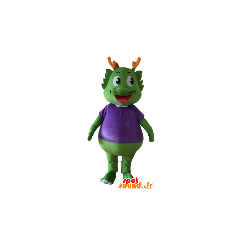 Green dinosaur mascot, dressed in purple, very warm - MASFR22883 - Mascots dinosaur