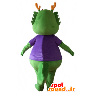 Mascote dinossauro verde, vestido de púrpura, muito quente - MASFR22883 - Mascot Dinosaur