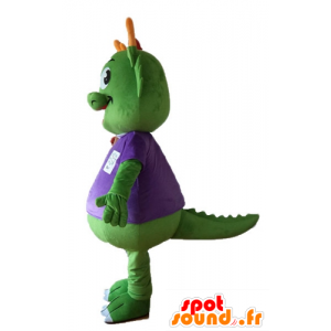 Green dinosaur mascot, dressed in purple, very warm - MASFR22883 - Mascots dinosaur