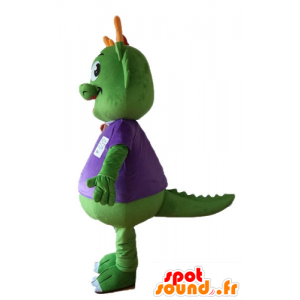 Mascotte de dinosaure vert, habillé en violet, très chaleureux - MASFR22883 - Mascottes Dinosaure