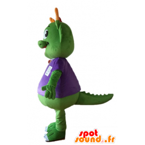 Grønn dinosaur maskot, kledd i lilla, veldig varm - MASFR22883 - Dinosaur Mascot