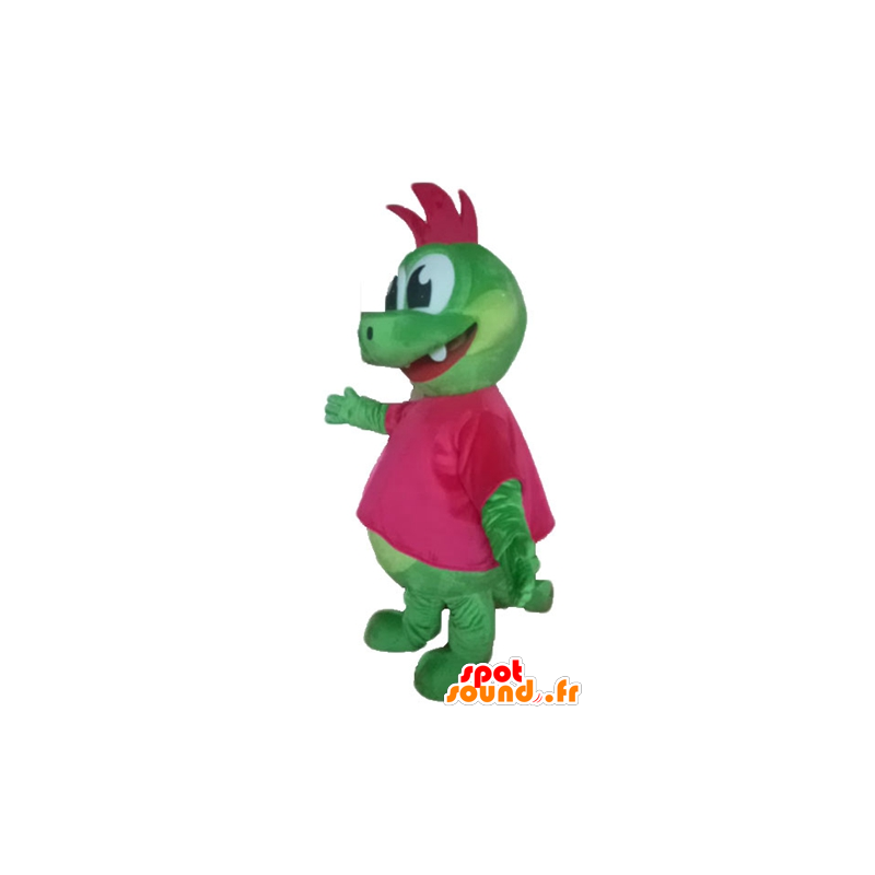 Drachen-Maskottchen, grüne Dinosaurier mit einem rosafarbenen Wappen - MASFR22884 - Maskottchen-Dinosaurier