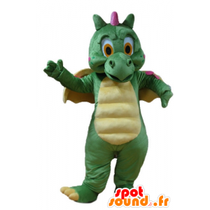 Drago verde mascotte, giallo e rosa, carino e colorato - MASFR22886 - Mascotte drago