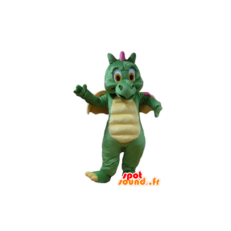 Drago verde mascotte, giallo e rosa, carino e colorato - MASFR22886 - Mascotte drago
