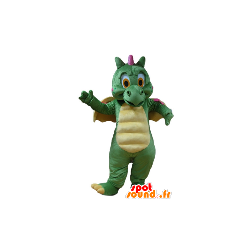 Mascotte de dragon vert, jaune et rose, mignon et coloré - MASFR22886 - Mascotte de dragon