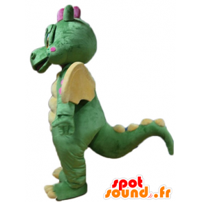 Drago verde mascotte, giallo e rosa, carino e colorato - MASFR22886 - Mascotte drago