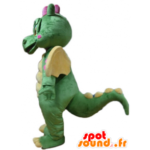 Mascote dragão verde, amarelo e rosa, bonito e colorido - MASFR22886 - Dragão mascote