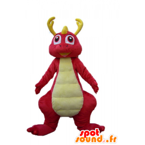 Różowy i żółty dinozaur maskotka, uśmiechnięty i kolorowy - MASFR22888 - dinozaur Mascot