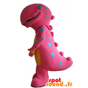 Mascotte de gros dinosaure rose et jaune, à pois bleus - MASFR22889 - Mascottes Dinosaure