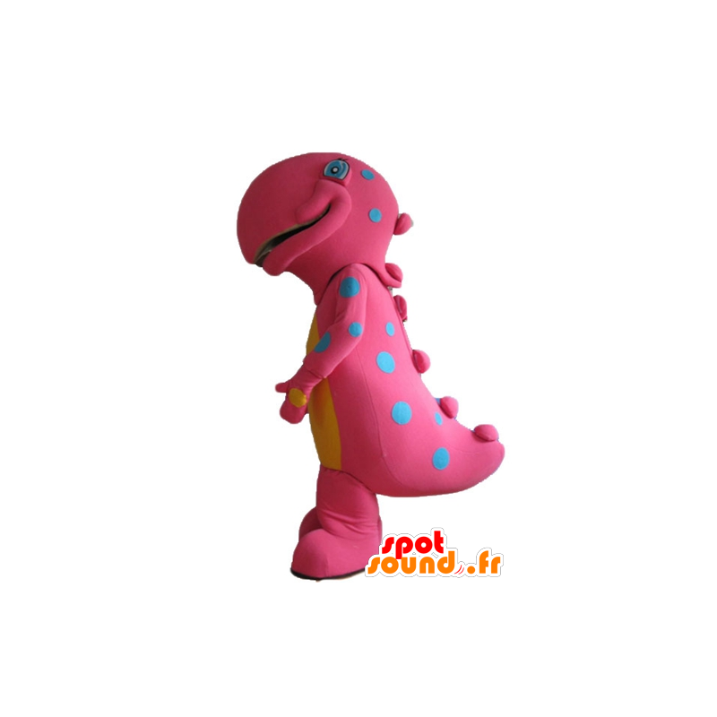 Große Dinosaurier Maskottchen rosa und gelb, mit blauen Flecken - MASFR22889 - Maskottchen-Dinosaurier