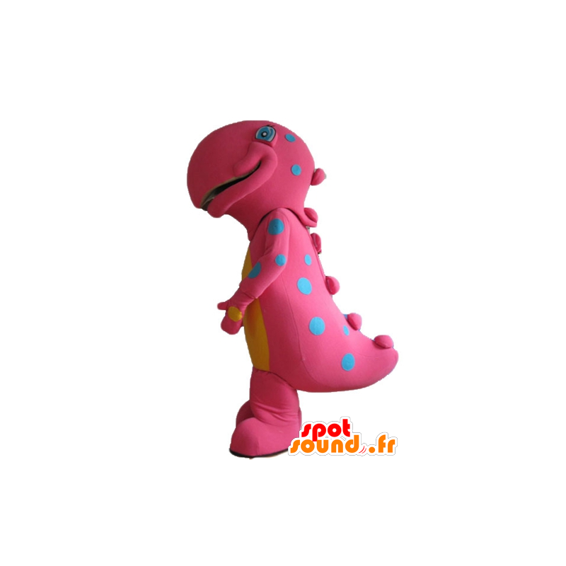 Stor rosa och gul dinosaurie maskot, blå prickar - Spotsound
