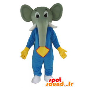 Grå elefantmaskot, i blå och gul outfit - Spotsound maskot