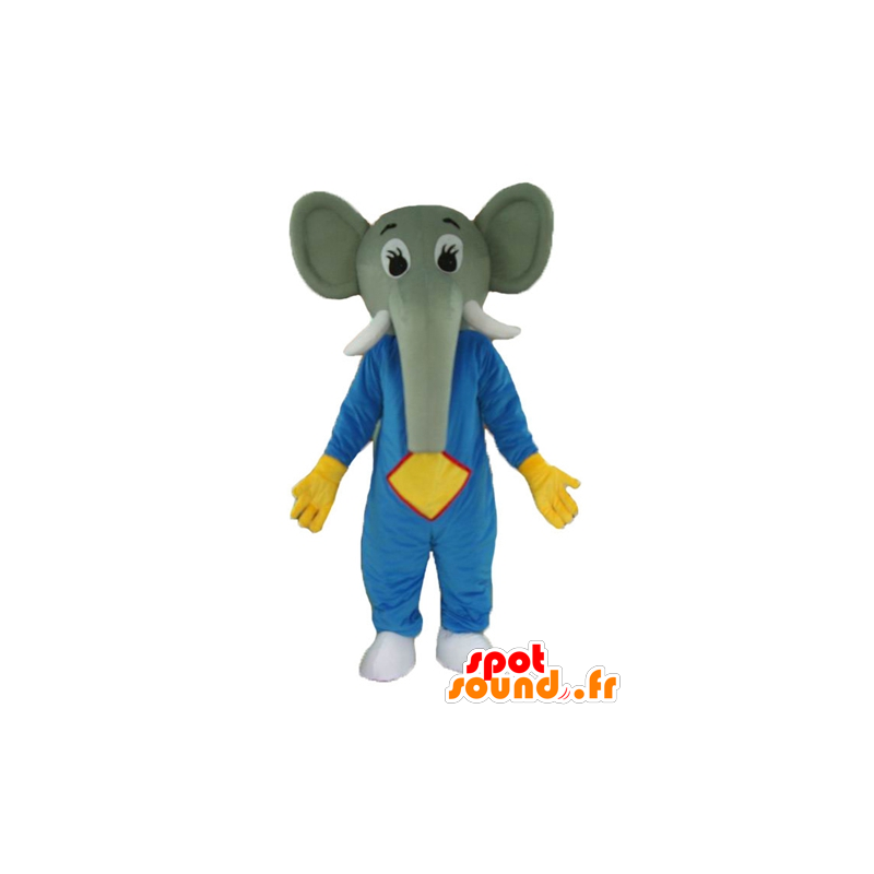 Grå elefant maskot, i blåt og gult tøj - Spotsound maskot